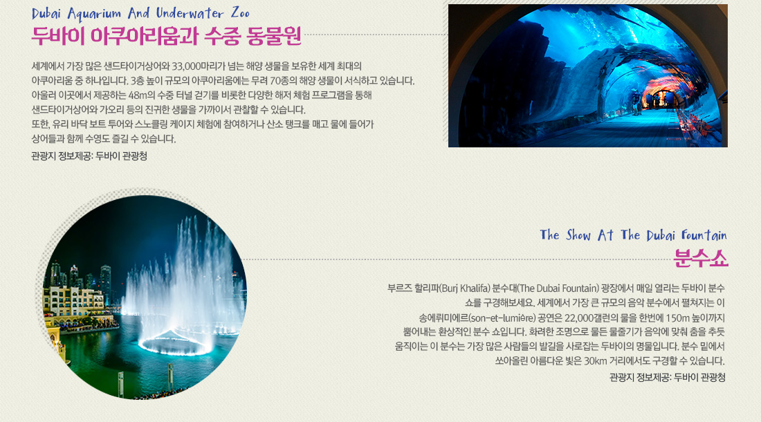 두바이 아쿠라리움과 수중 동물원, 분수쇼 아래 설명