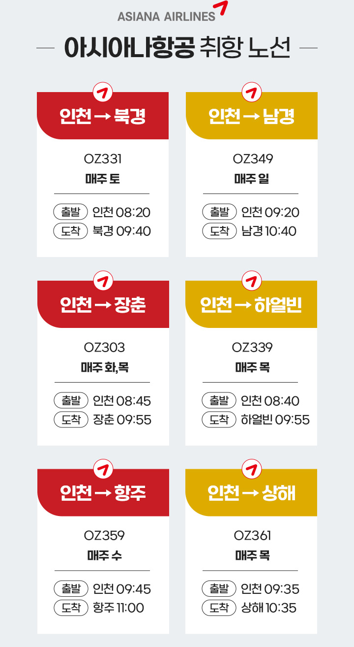 아시아나항공 취항 노선 아래설명