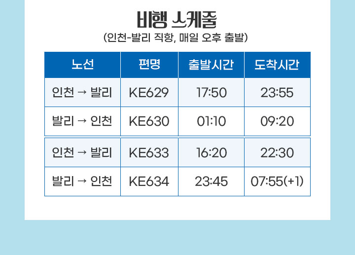 인천 - 발리 매일 오후 출발 항공스케줄 아래설명