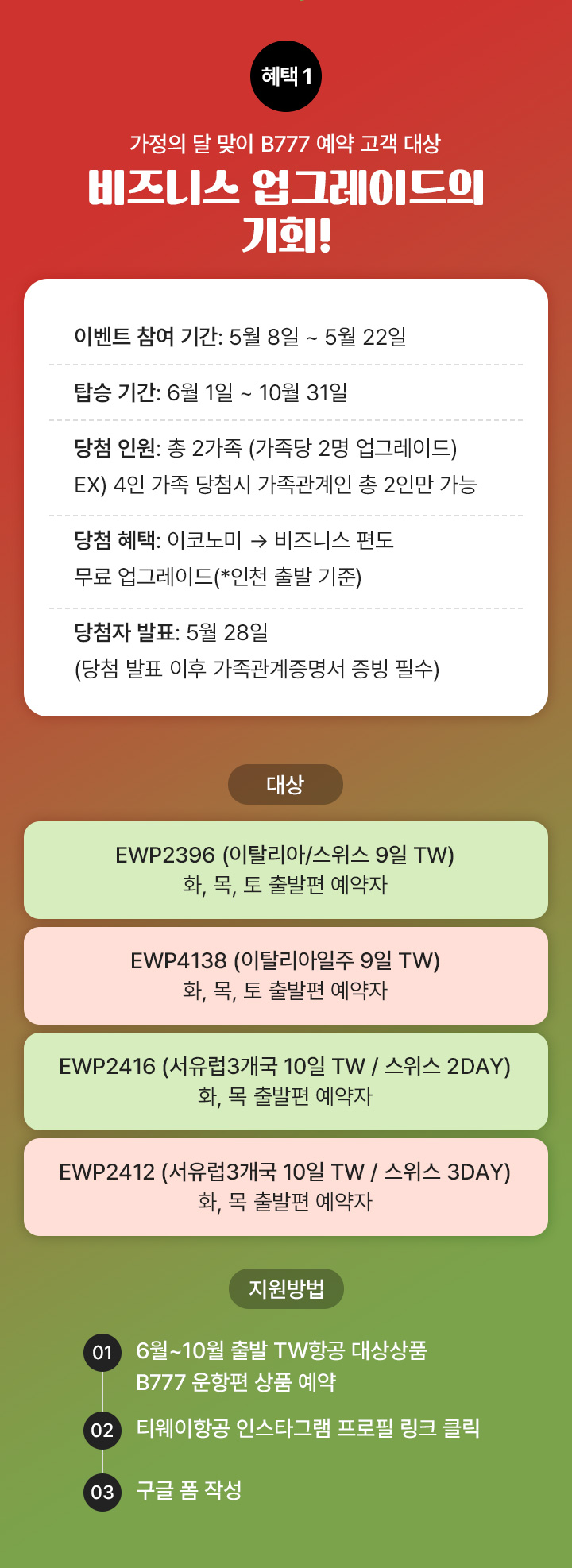 혜택1 가정의달 맞이 B777 예약 고객 대상 비즈니스 업그레이드의 기회 아래설명