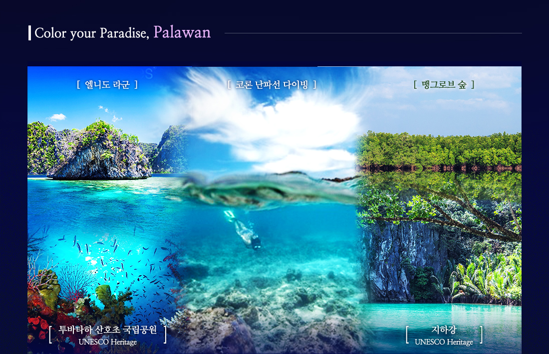 Color your Paradise, Plalawan - 엘니도 라군, 코론 난파선 다이빙, 맹그로브 숲, 투바타하 산호초 국립공원, 지하강