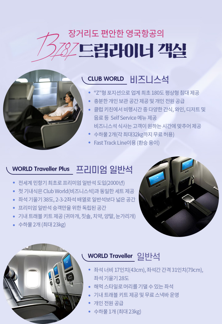 장거리도 편안한 영국항공의 B787 드림라이너 객실 아래설명