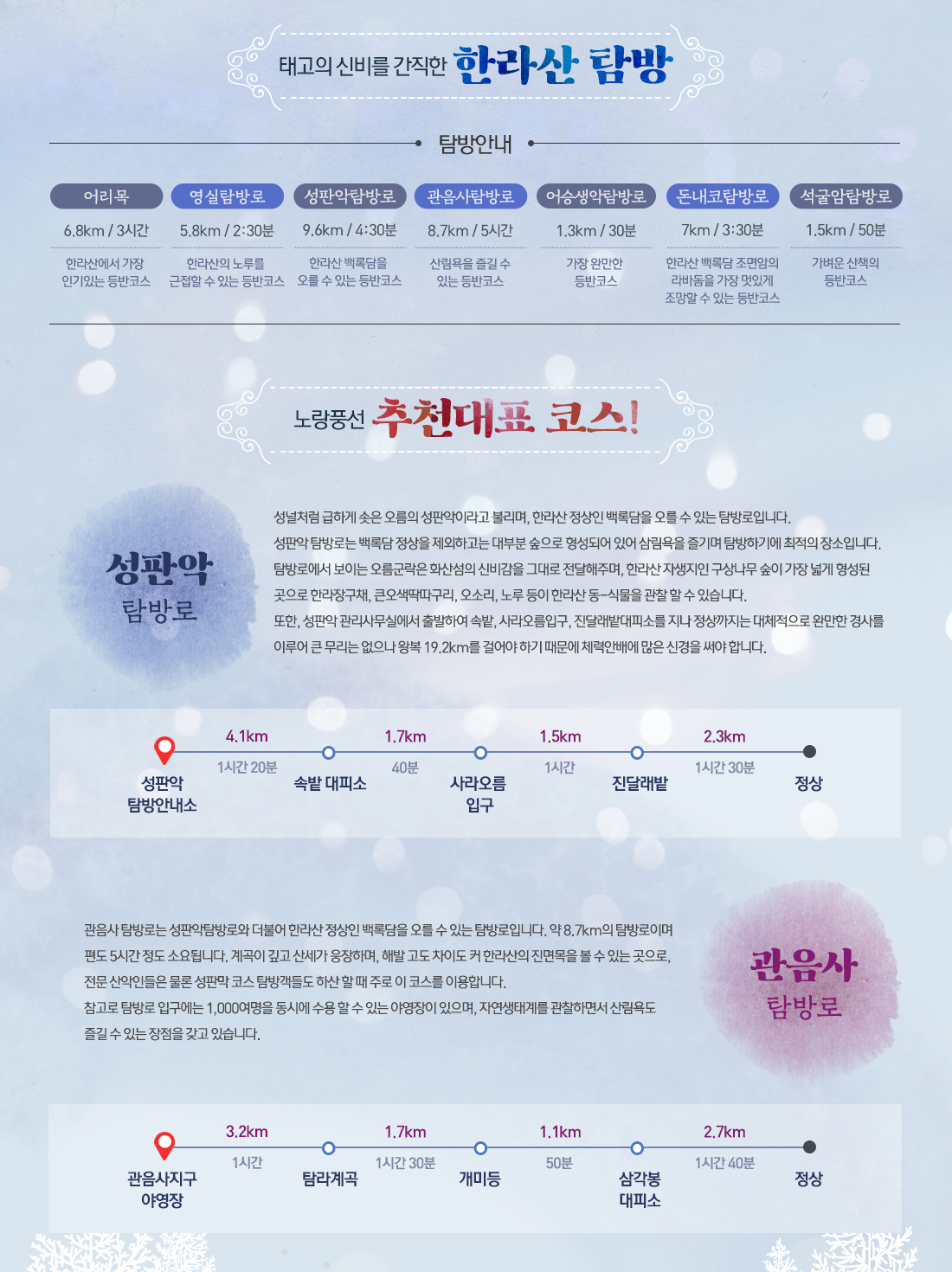 태고의 신비를 간직한 한라산 탐방, 노랑풍선 추천대표 코스 - 성판악 탐방로, 관음사 탐방로 아래 설명