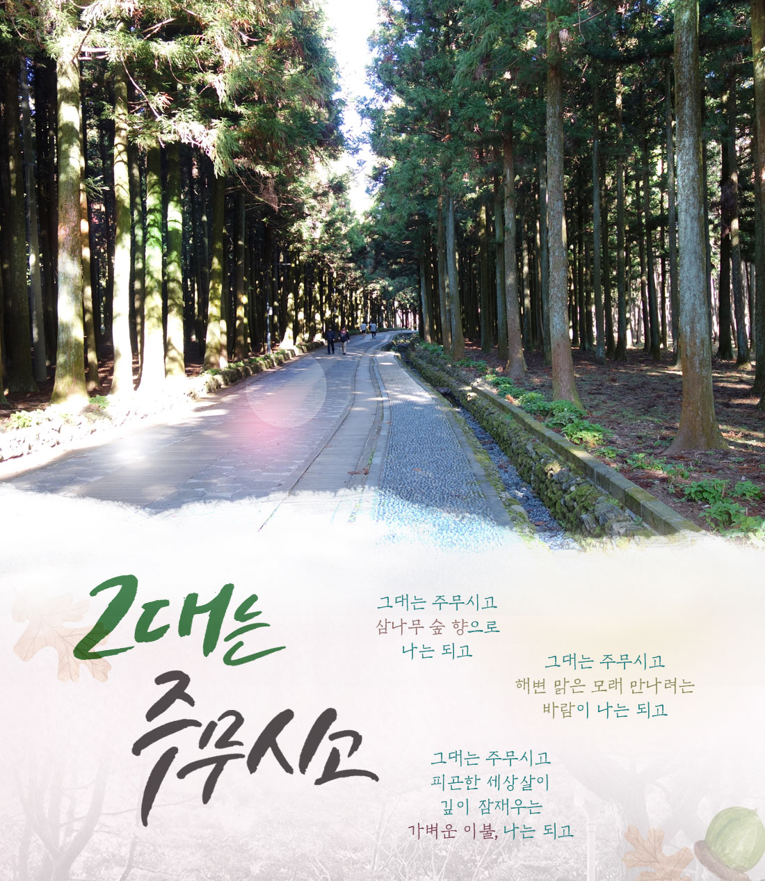 그대는 주무시고 - 그대는 주무시고 삼나무 숲 향으로 나는 되고 / 그대는 주무시고 해변 맑은 모래 만나려는 바람이 나는 되고 / 그대는 주무시고 피곤한 세상살이 깊이 잠재우는 가벼운 이불, 나는 되고