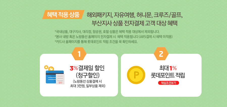 혜택 적용 상품 - 해외패키지, 자유여행, 허니문, 크루즈/골프, 부산지사 상품 전자결제 고객 대상 혜택