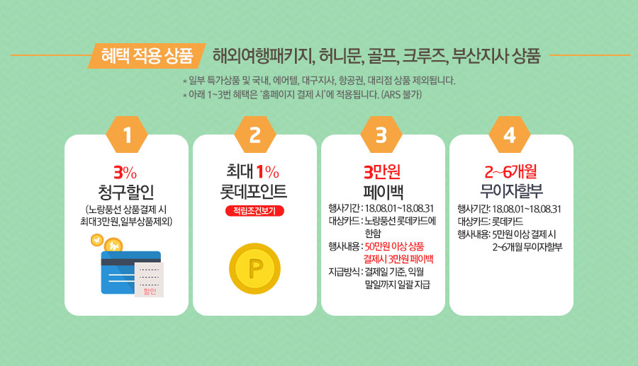 혜택 적용 상품 - 해외여행패키지, 허니문, 골프, 크루즈, 부산지사 상품 * 일부 특가상품 및 국내, 에어텔, 대구지사, 항공권, 대리점 상품 제외. 상세내용 아래 설명