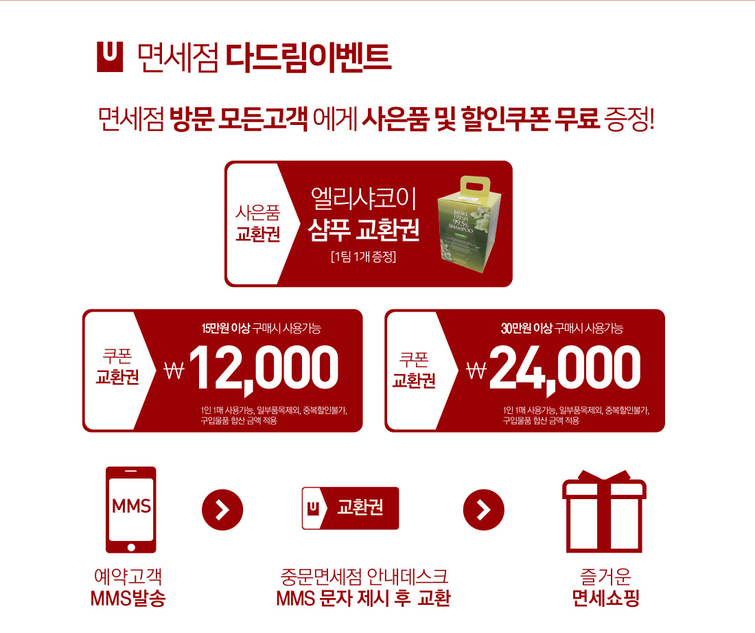 면세점 방문 모든고객에세 사은품 및 할인쿠폰 증정! 아래설명