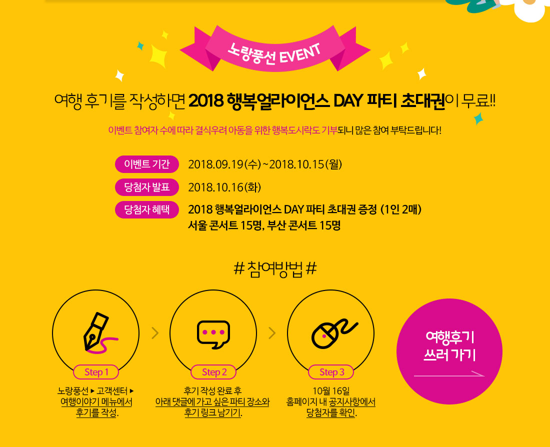 노랑풍선 EVENT 여행 후기를 작성하면 2018 행복얼라이언스 DAY 파티 초대권이 무료!! 아래설명