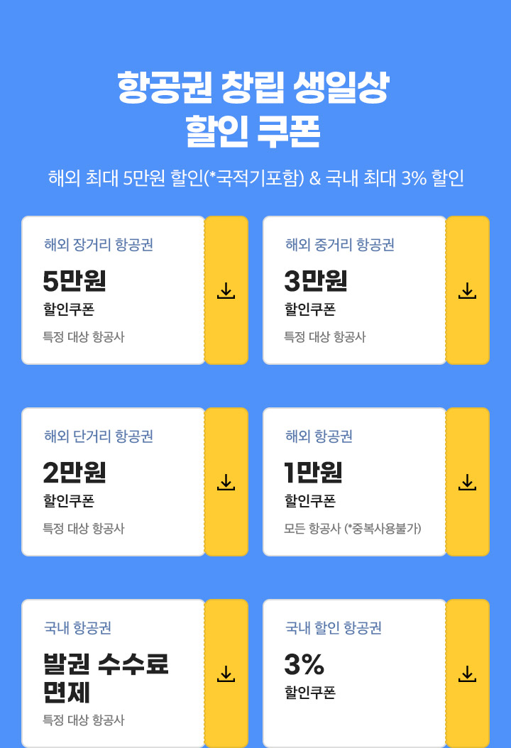 항공권 창립 생일상 할인 쿠폰. 해외 최대 5만원 할인(*국적기포함) & 국내 최대 3% 할인