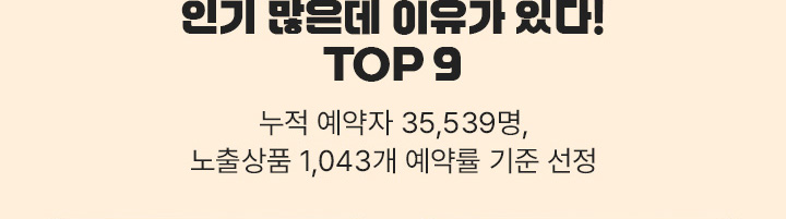 인기 많은데 이유가 있다! TOP 9 / 누적 예약자 35,539명, 노출상품 1,043개 예약률 기준 선정