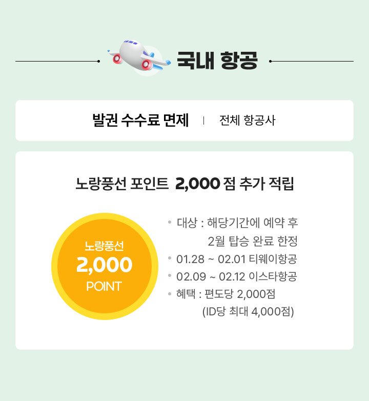 국내 항공 발권 수수료 면제(전체 항공사) / 노랑풍선 포인트 2000점 추가 적립 / 대상 : 해당기간에 예약 후 2월 탑승 완료 한정 / 01.28 ~ 02.01 티웨이항공 / 02.09 ~ 02.12 이스타항공 / 혜택 : 편도당 2,000점(ID당 최대 4,000점)