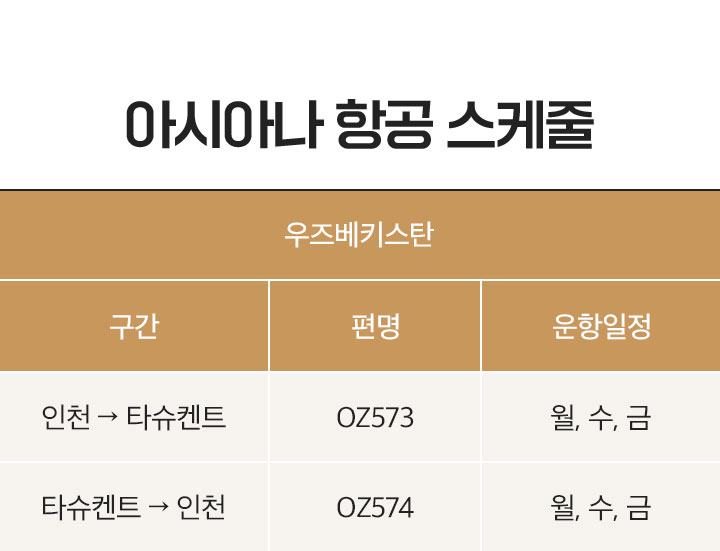 아시아나 특별가, 운항 스케줄, 아래 설명