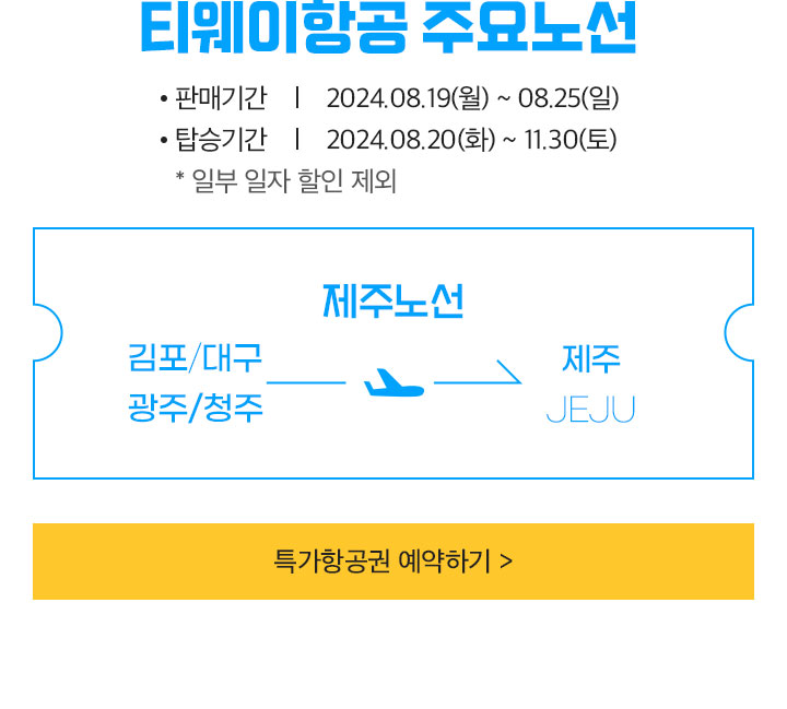 티웨이항공 주요노선 설명 아래