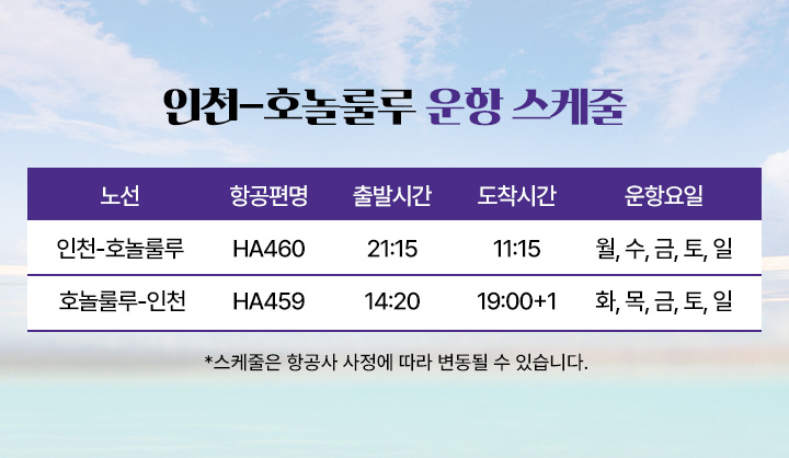 인천-호놀룰루 운항 스케줄