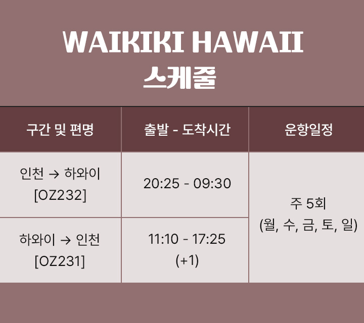 WAIKIKI HAWAII 케줄 설명 아래