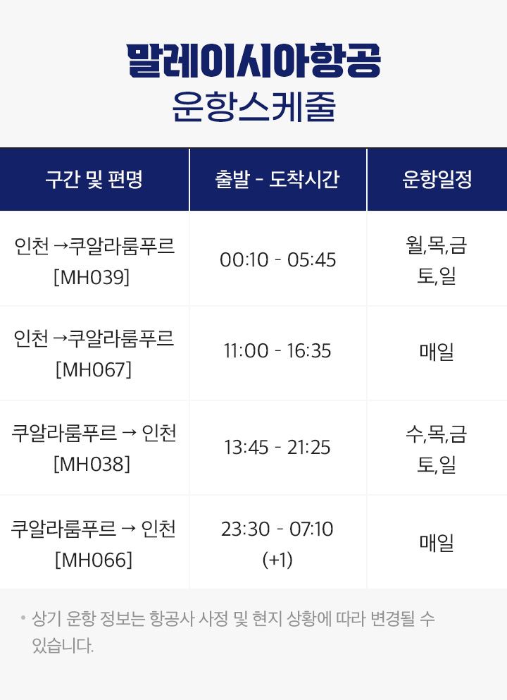 말레이시아항공 운항스케줄 아래설명