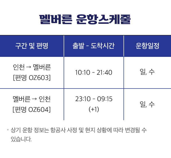 멜버른 운항스케줄 아래 설명