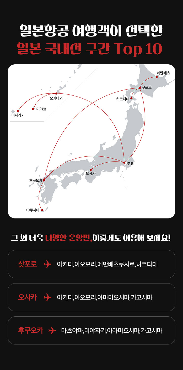 일본항공 여행객이 선택한 일본 국내선 구간 TOP10