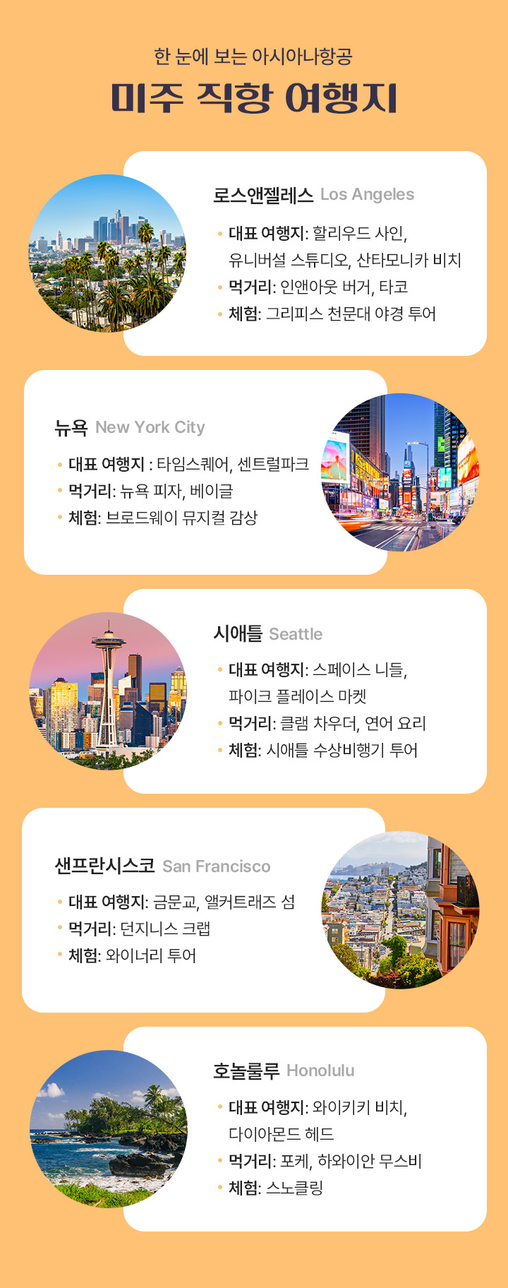 한눈에 보는 아시아나항공 미주 직항 여행지 아래설명