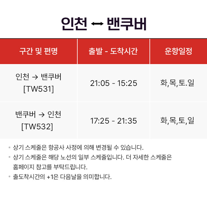 인천,벤쿠버 운항스케줄 아래설명