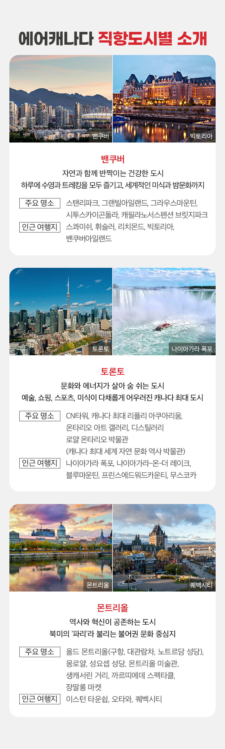 에어캐나다 직항도시별 소개 아래 설명